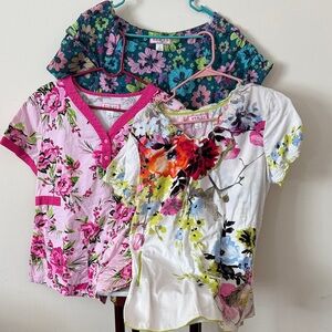 Koi women’s Floral Short Scrub Tops - Pink, White, Teal - Bundle of 3